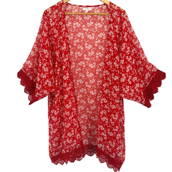 Maurices Sweaters - Maurices Ditsy Floral Kimono Wrap Crochet Lace‎ Sheer Open Front Plus Size 1 Red
